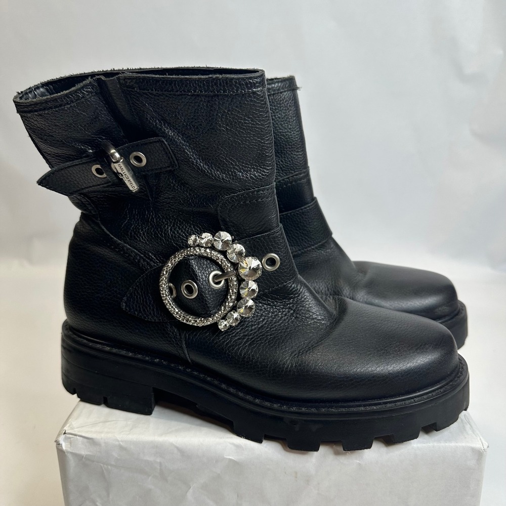 Karl Lagerfeld Paris Marceau Black Leather Crystal Buckle Moto Boots Womens 8M
